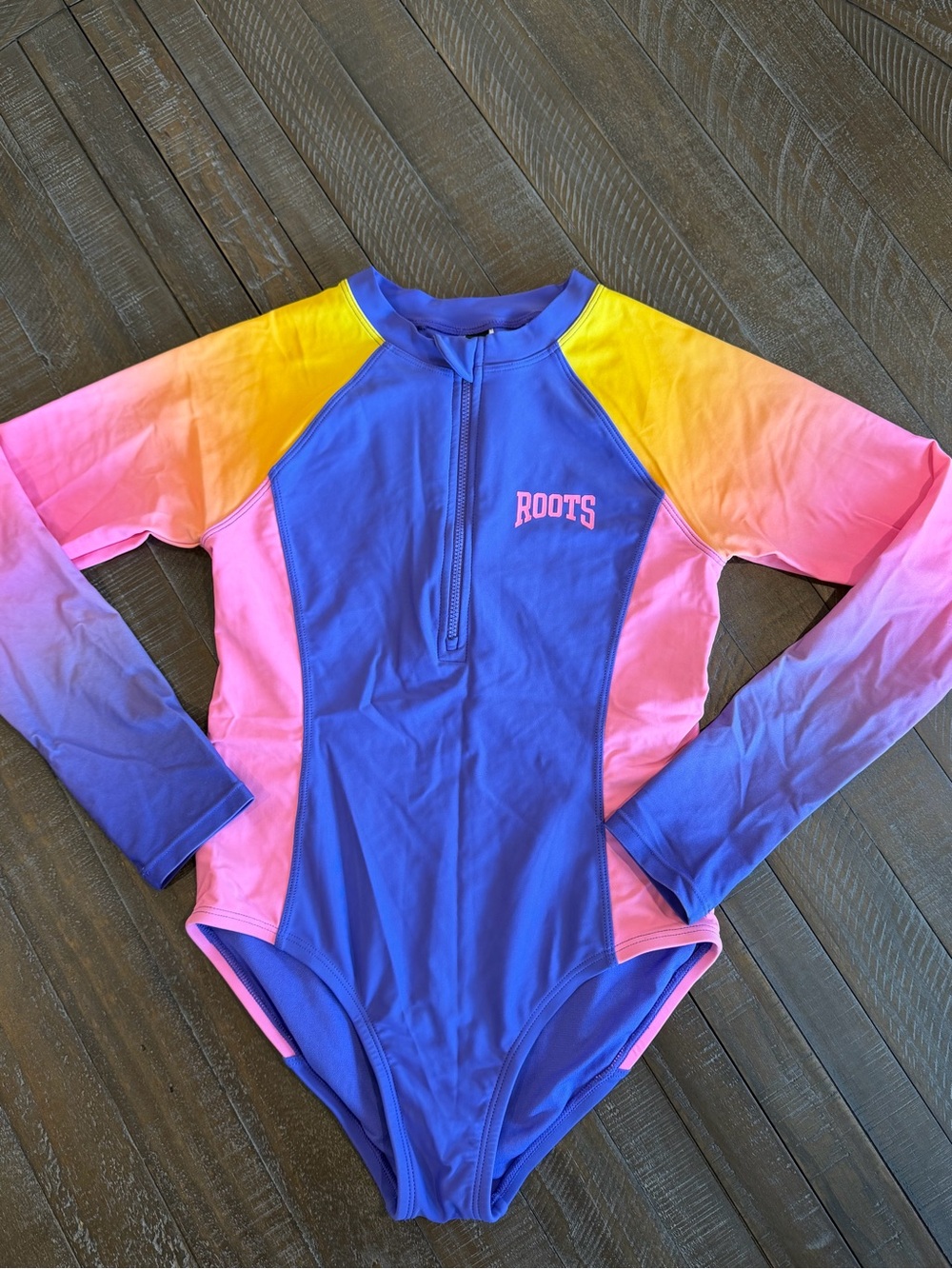 Roots Girls Size 12 Colourblock Long Sleeve One Piece Swimsuit